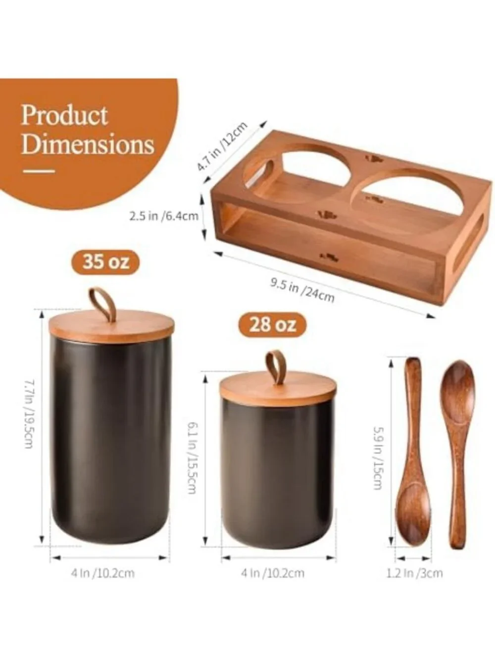 Stylish Black Ceramic Canister Set with Bamboo Lids & Wooden Stand - Airtight